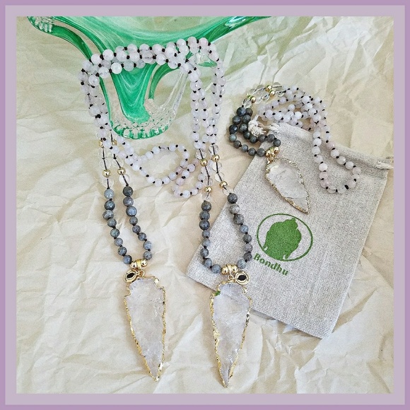 Bondhu Jewelry - Crystal Arrow, Labradorite,  Rose Quartz Mala